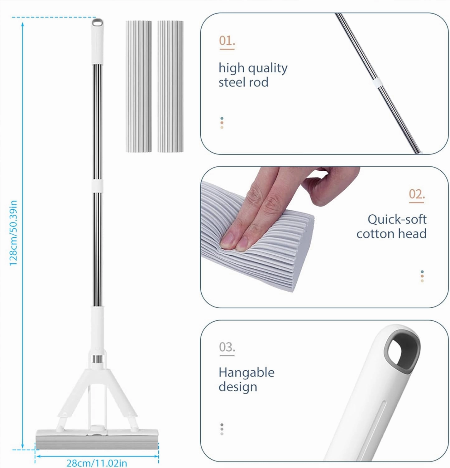 Self-Wringing PVA Sponge Mop, 11.02in Absorbent Roller Mop for Floor Cleaning, Includes 2 Reusable Heads, Quickie Butterflies Squeeze Mop for Wet & Dry Home Use