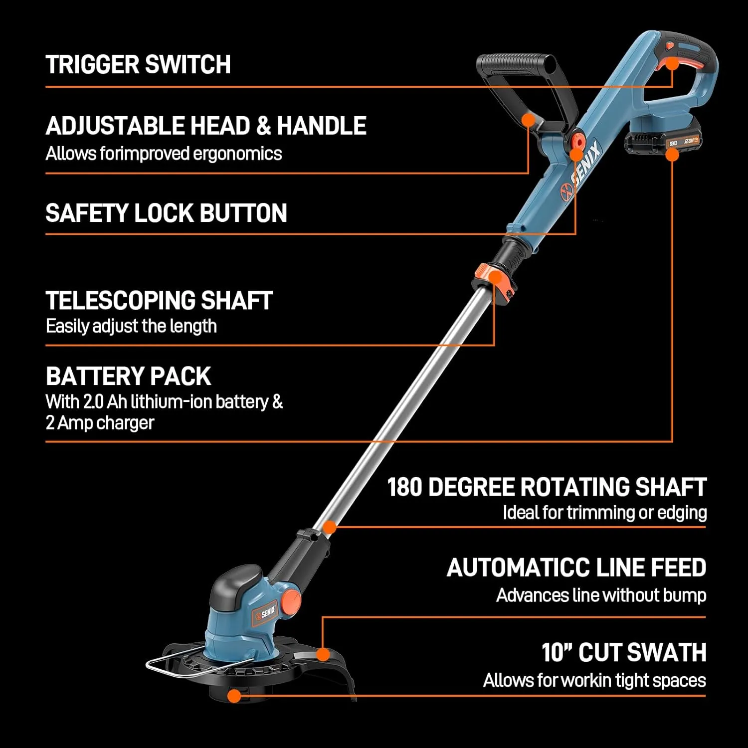 SENIX 20 Volt 10'' Cordless String Trimmer and Edger Lawn Tool, Includes 2Ah Battery & 2A Charger (GTX2-M)