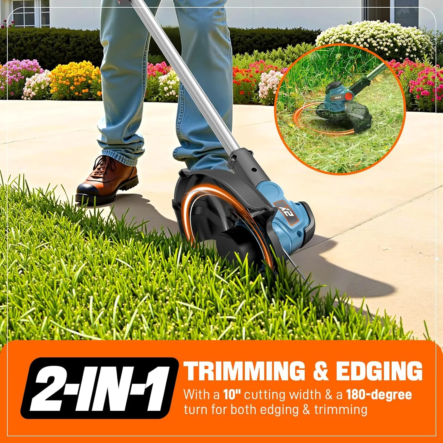 SENIX 20 Volt 10'' Cordless String Trimmer and Edger Lawn Tool, Includes 2Ah Battery & 2A Charger (GTX2-M)