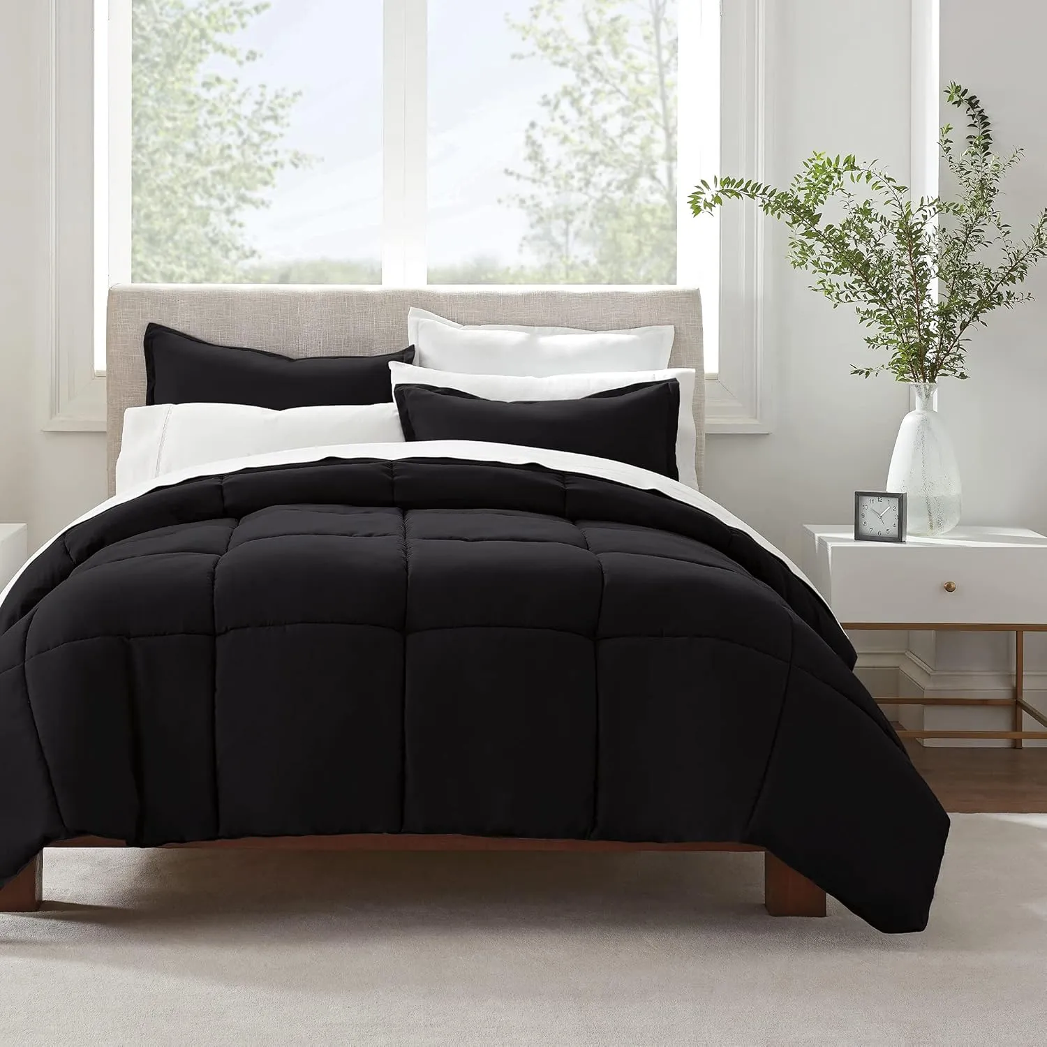 SERTA Simply Clean Ultra Soft Hypoallergenic Solid 3 Piece Comforter Set, Full/Queen, Black