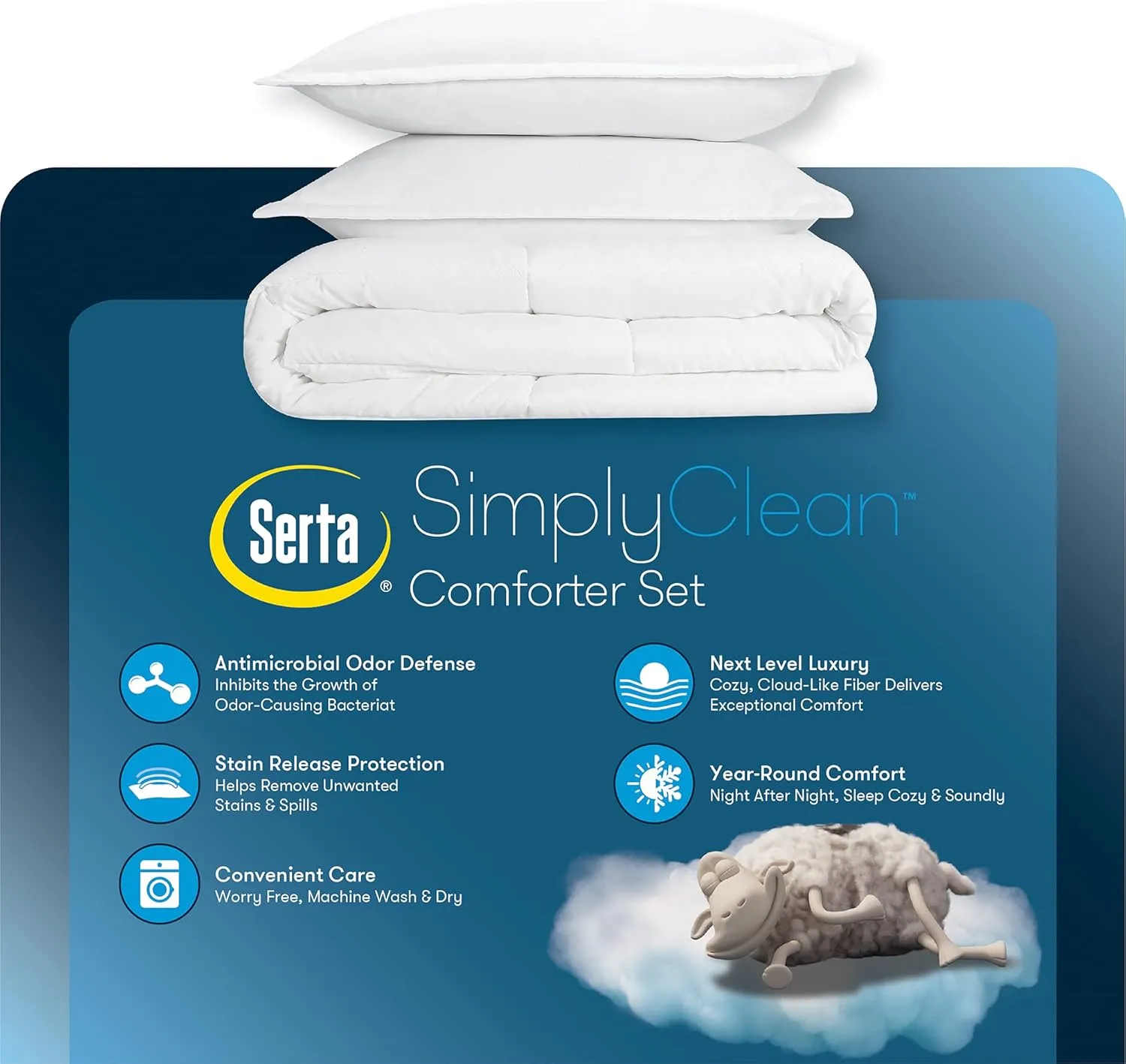 SERTA Simply Clean Ultra Soft Hypoallergenic Solid 3 Piece Comforter Set, Full/Queen, Black