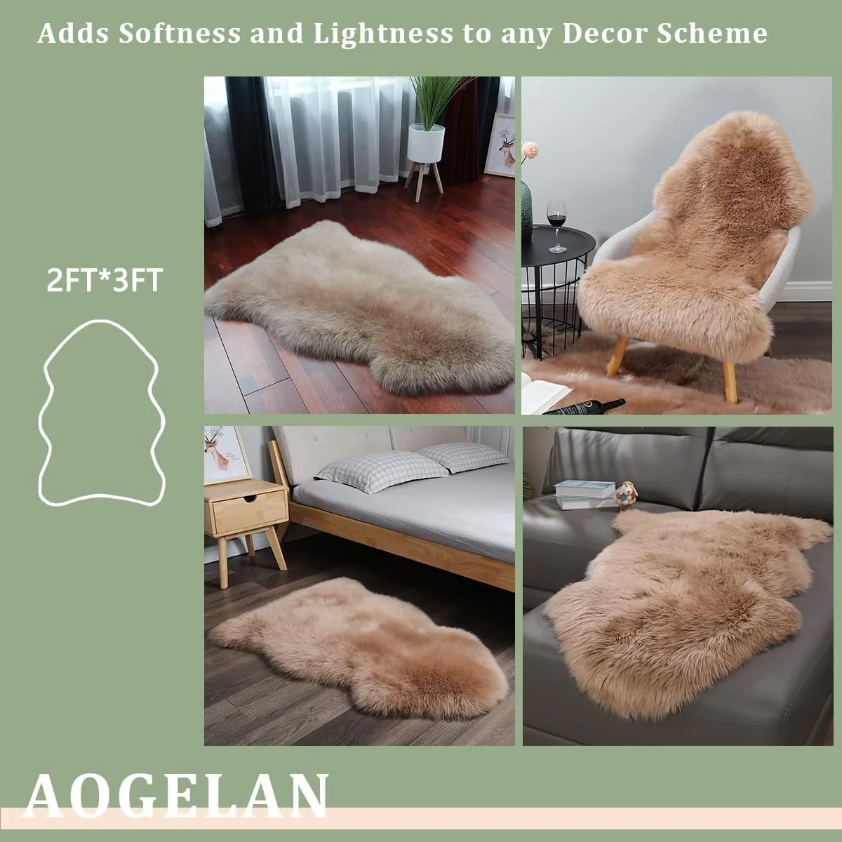 Shaggy Fur Area Rug, Genuine New Zealand Sheepskin Rug, Soft Fur Prayer Pup Carpet Mat, Single Pelt 2ft x 3ft Light Brown