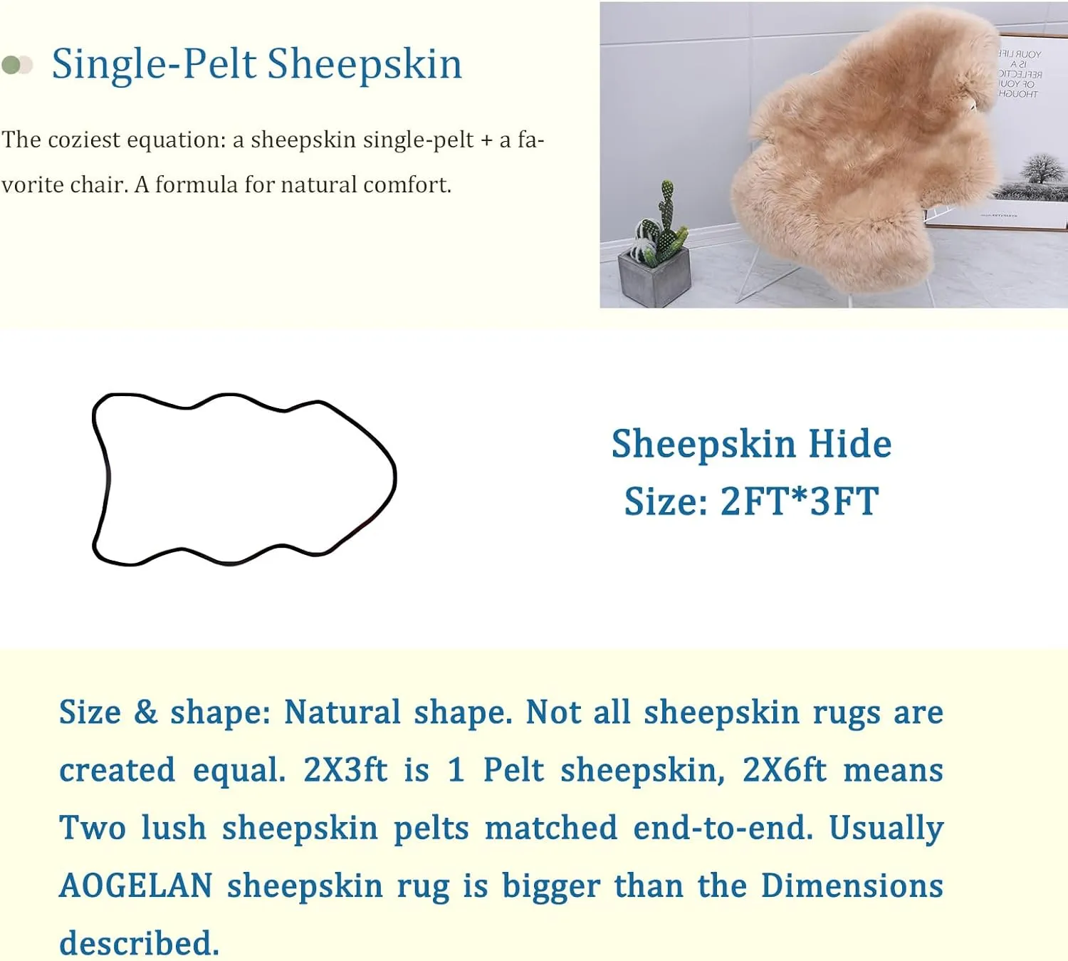 Shaggy Fur Area Rug, Genuine New Zealand Sheepskin Rug, Soft Fur Prayer Pup Carpet Mat, Single Pelt 2ft x 3ft Light Brown