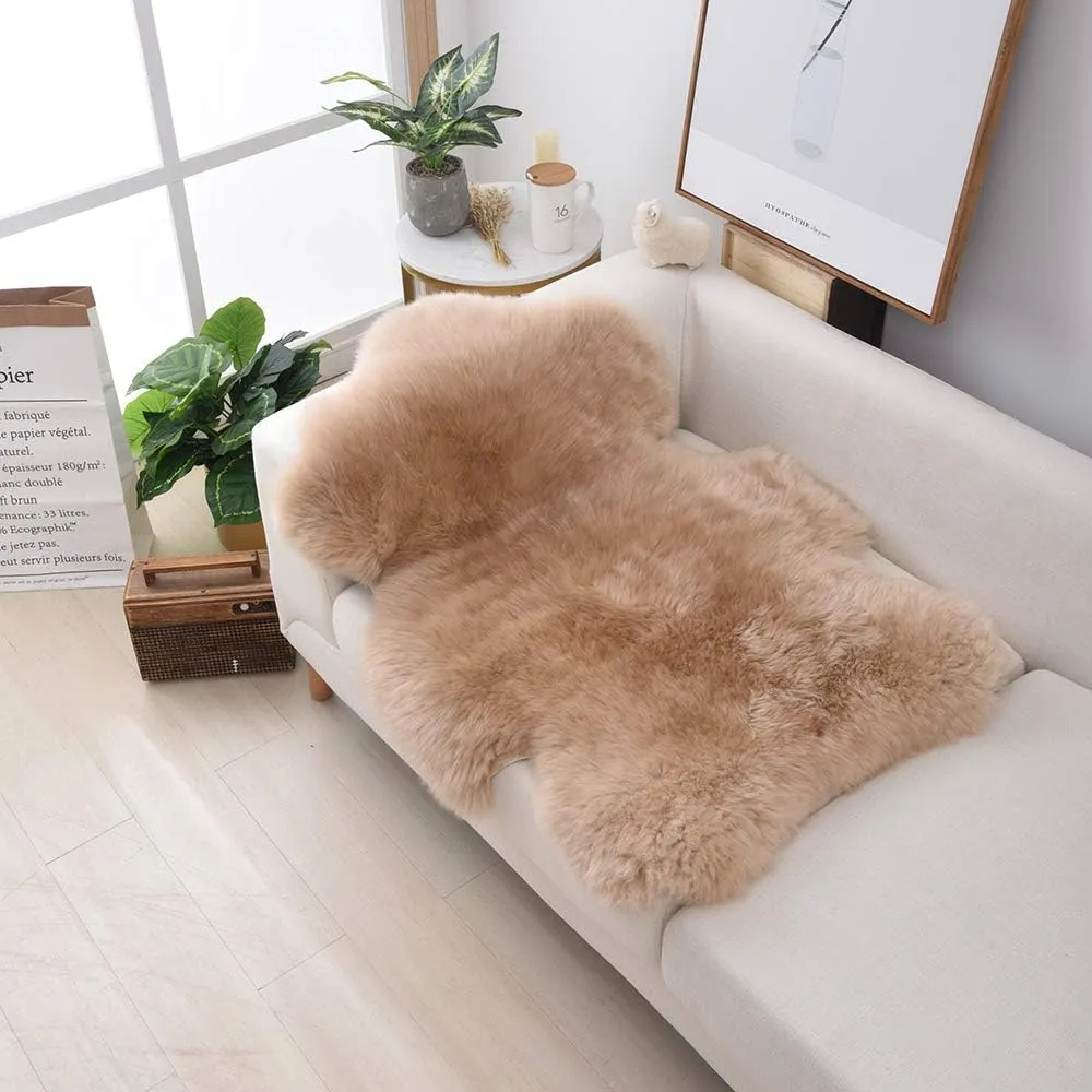 Shaggy Fur Area Rug, Genuine New Zealand Sheepskin Rug, Soft Fur Prayer Pup Carpet Mat, Single Pelt 2ft x 3ft Light Brown