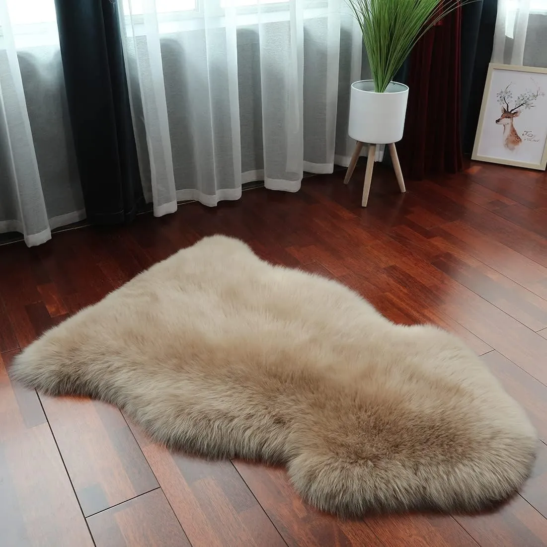 Shaggy Fur Area Rug, Genuine New Zealand Sheepskin Rug, Soft Fur Prayer Pup Carpet Mat, Single Pelt 2ft x 3ft Light Brown