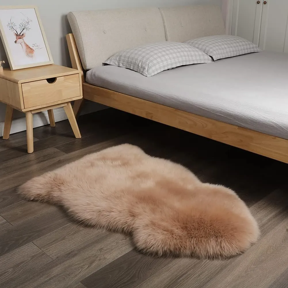Shaggy Fur Area Rug, Genuine New Zealand Sheepskin Rug, Soft Fur Prayer Pup Carpet Mat, Single Pelt 2ft x 3ft Light Brown