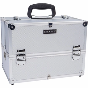 SHANY Essential Pro Makeup Train Case Cosmetic Box Portable Makeup Case Cosmetics Beauty Organizer Jewelry storage with Locks, Multi Compartments Makeup Box and Shoulder Strap - Silver