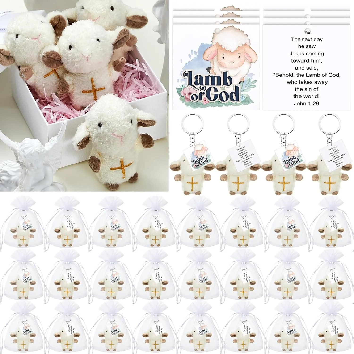 Shappy 6 Pcs Mini Plush Lambs Jesus Plush Toys Lamb of God Sheep Stuffed Animal Keychain Religious Easter Party Favors Basket Stuffers Christian Gifts for Easter Baptism First Communion Christening