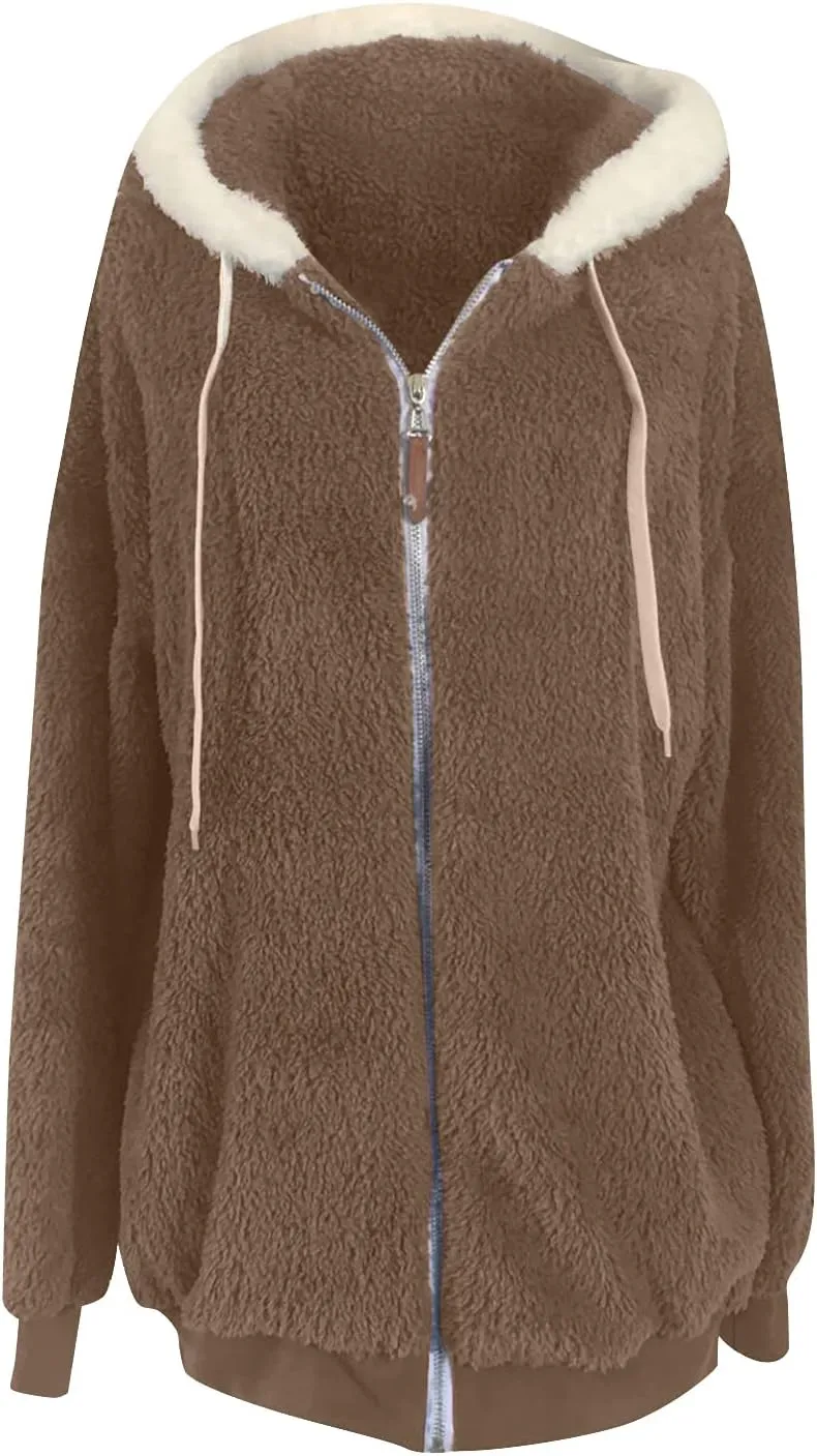 Sherpa Jackets For Women Fuzzy Fleece Teddy Coat Color Block Faux Shearling Cardigan Warm Hooded Zip Up Outwear