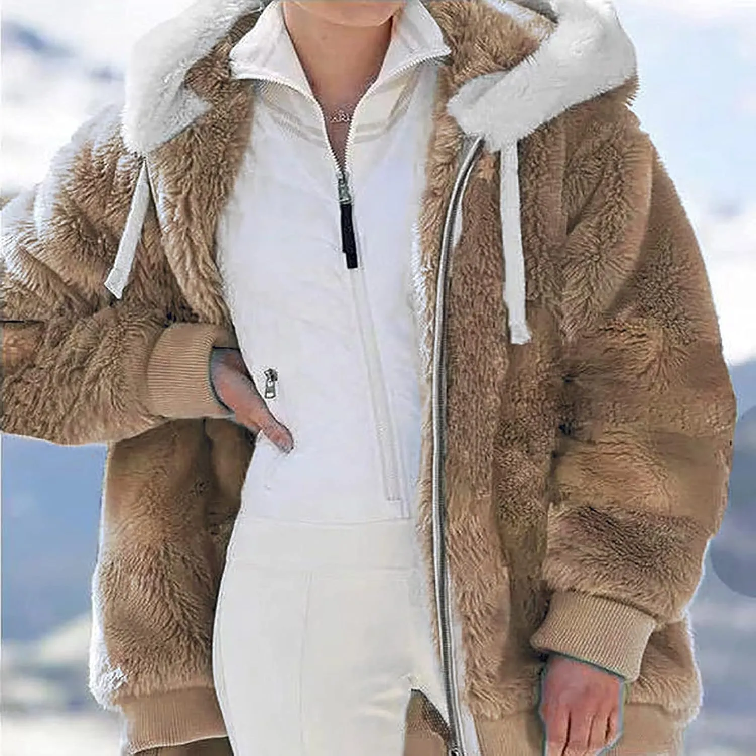 Sherpa Jackets For Women Fuzzy Fleece Teddy Coat Color Block Faux Shearling Cardigan Warm Hooded Zip Up Outwear