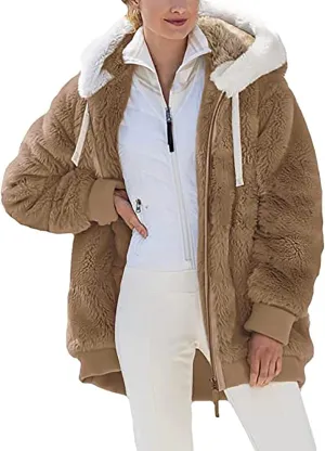 Sherpa Jackets For Women Fuzzy Fleece Teddy Coat Color Block Faux Shearling Cardigan Warm Hooded Zip Up Outwear