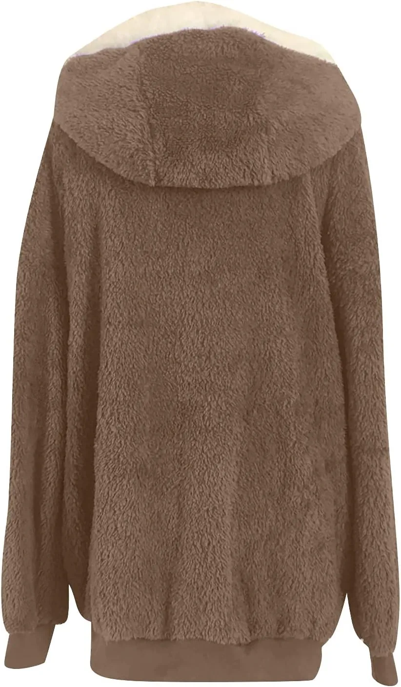 Sherpa Jackets For Women Fuzzy Fleece Teddy Coat Color Block Faux Shearling Cardigan Warm Hooded Zip Up Outwear