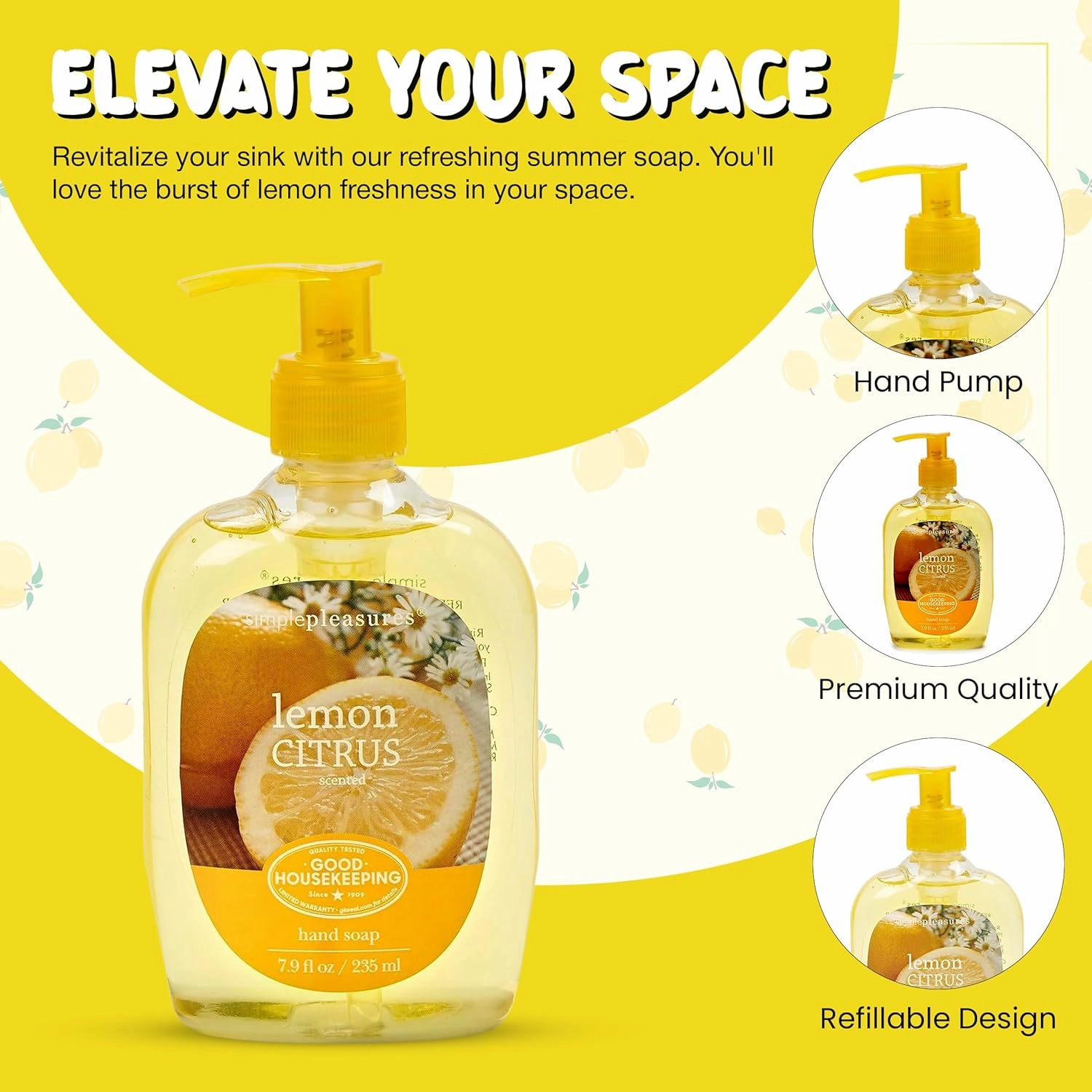 SIMPLE PLEASURES Premium Hand Soap Collection - Lemon Scent, 7.9 oz Bottle with Jumbo 59 oz Refill - Goodhousekeeping Seal Approved - Multiple Scents Lemon Hand Soap Dispenser Refills