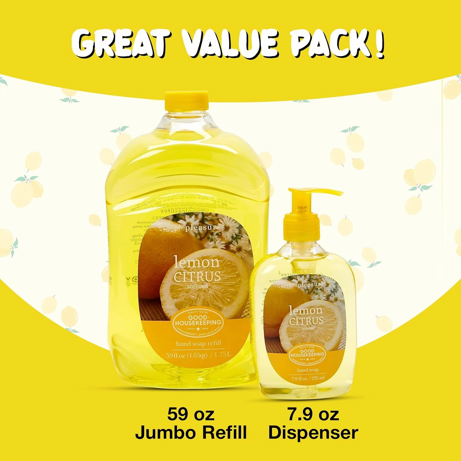 SIMPLE PLEASURES Premium Hand Soap Collection - Lemon Scent, 7.9 oz Bottle with Jumbo 59 oz Refill - Goodhousekeeping Seal Approved - Multiple Scents Lemon Hand Soap Dispenser Refills