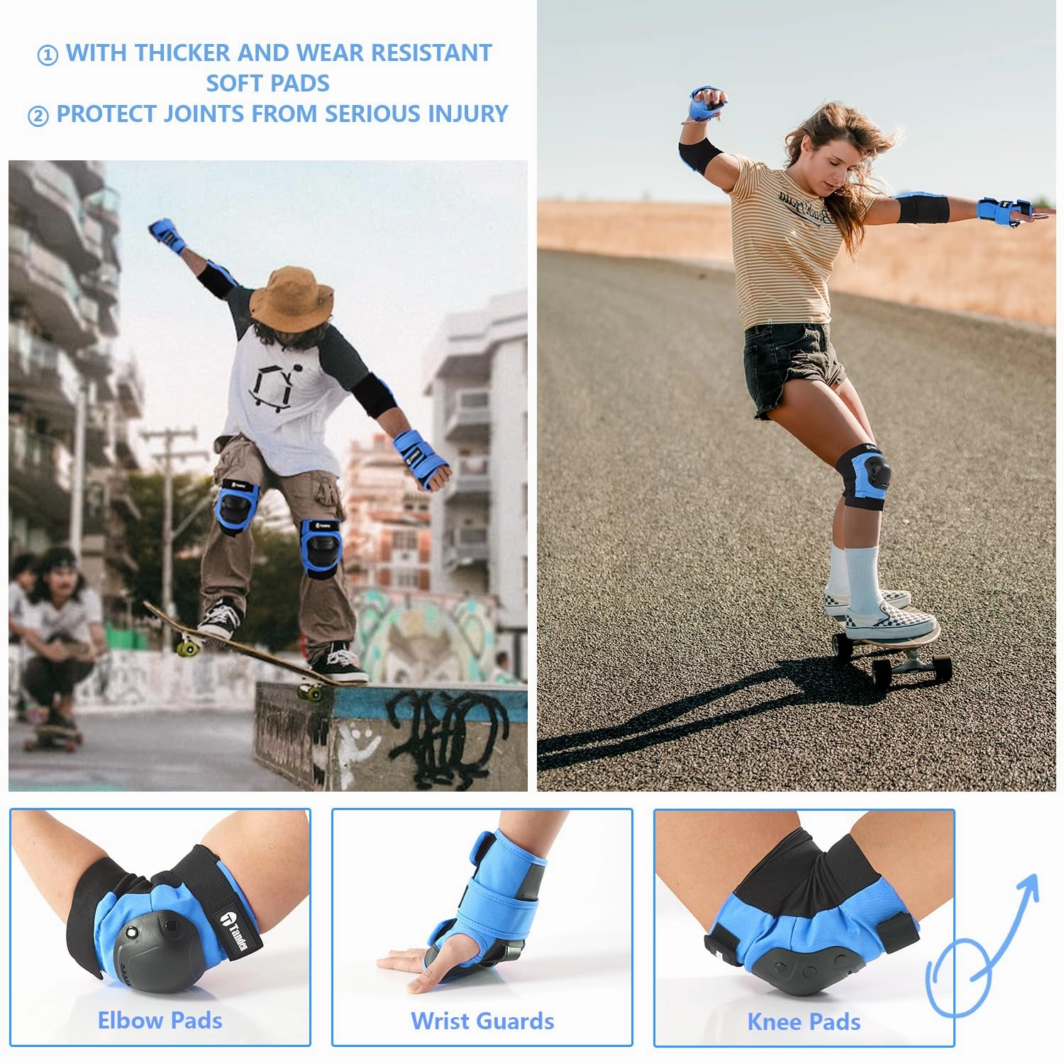 Skateboard Protective Gear Youth Knee and Elbow Pads Set, Wrist Guards for Roller Skating, Blue