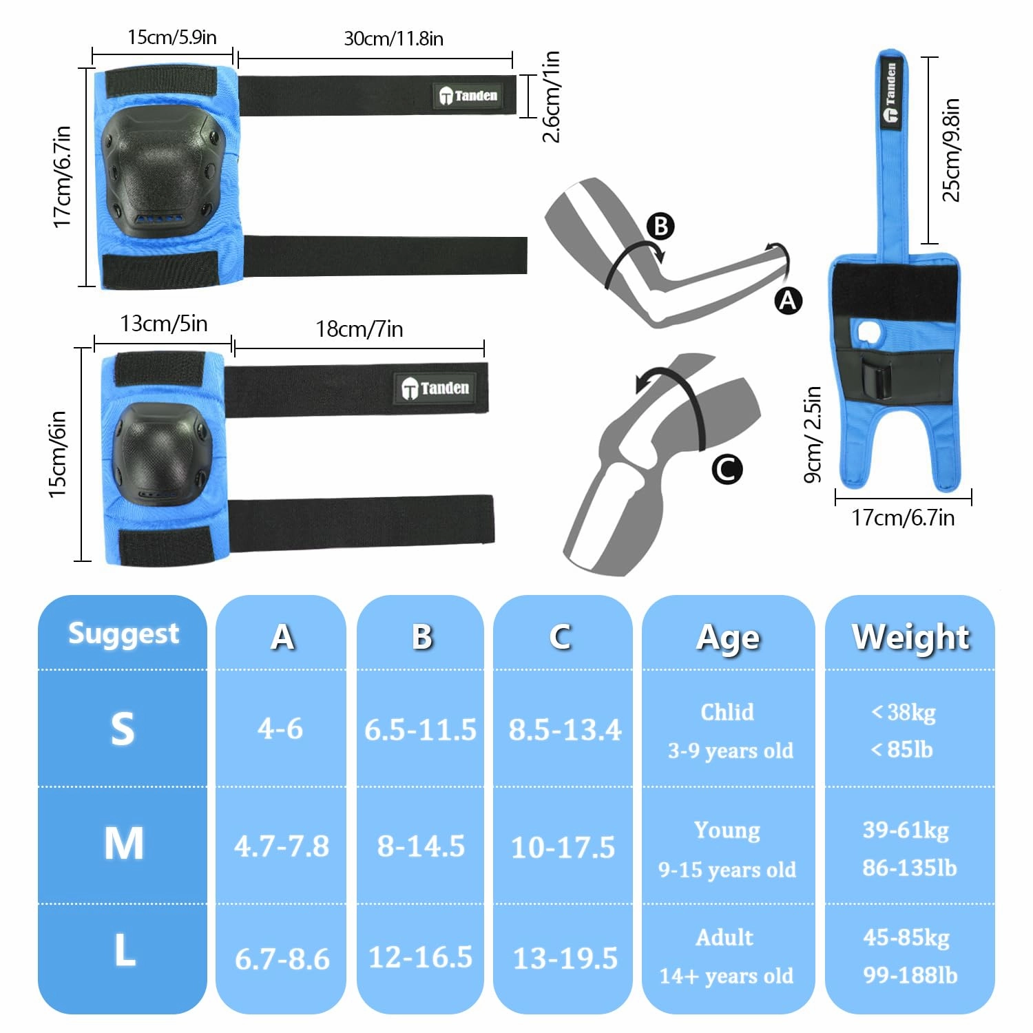 Skateboard Protective Gear Youth Knee and Elbow Pads Set, Wrist Guards for Roller Skating, Blue