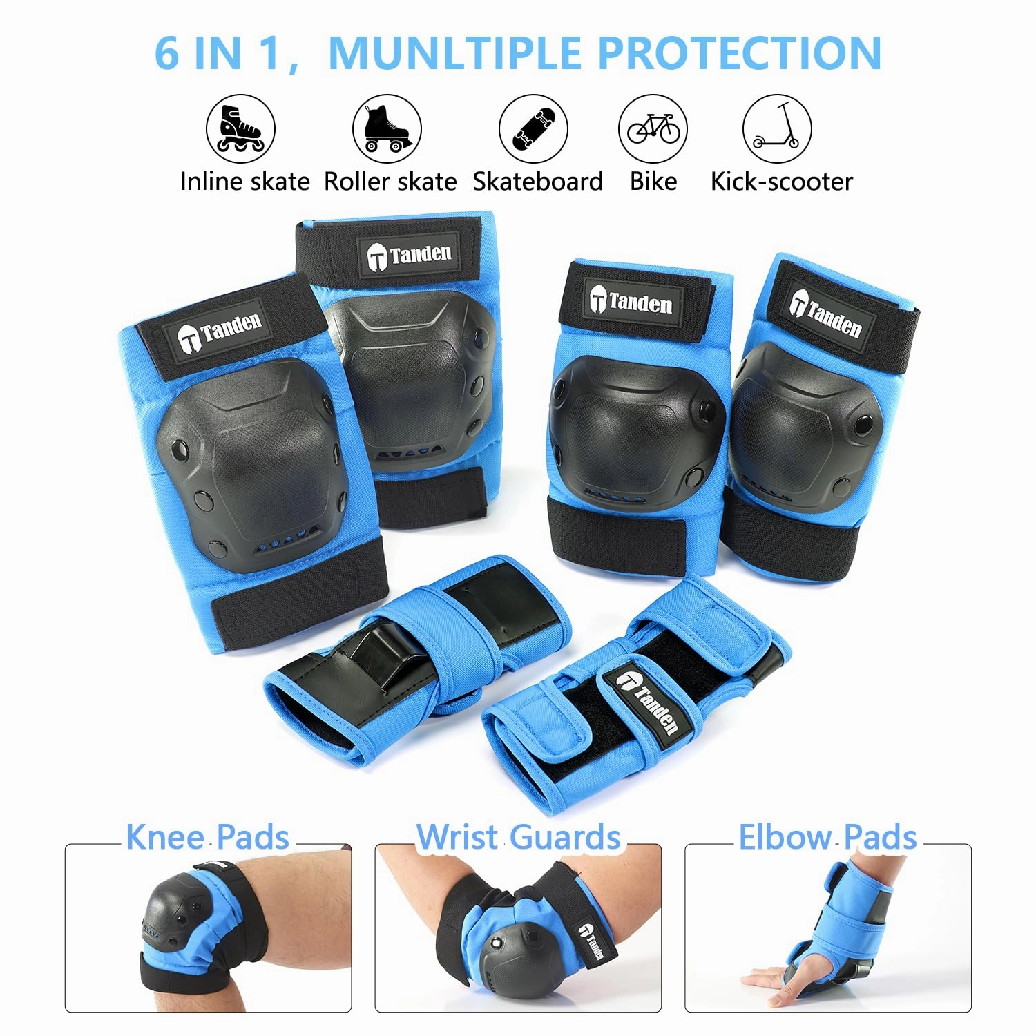Skateboard Protective Gear Youth Knee and Elbow Pads Set, Wrist Guards for Roller Skating, Blue