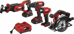 SKIL 20V 4-Tool Combo Kit: 20V Cordless Drill Driver Reciprocating Saw, Circular Saw and Spotlight, Includes Two 2.0Ah PWR CORE Lithium Batteries and One Charger - CB739701,Black, Red