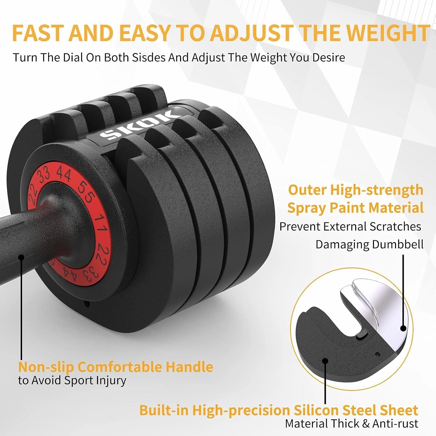 SKOK 25/55 lbs Pair or Single Adjustable Dumbbells Set, Adjustable Weights Dumbbells Set for Men and Women with Anti-Slip Fast Adjust Weight by Turning Handle,Black Dumbbell with Tray