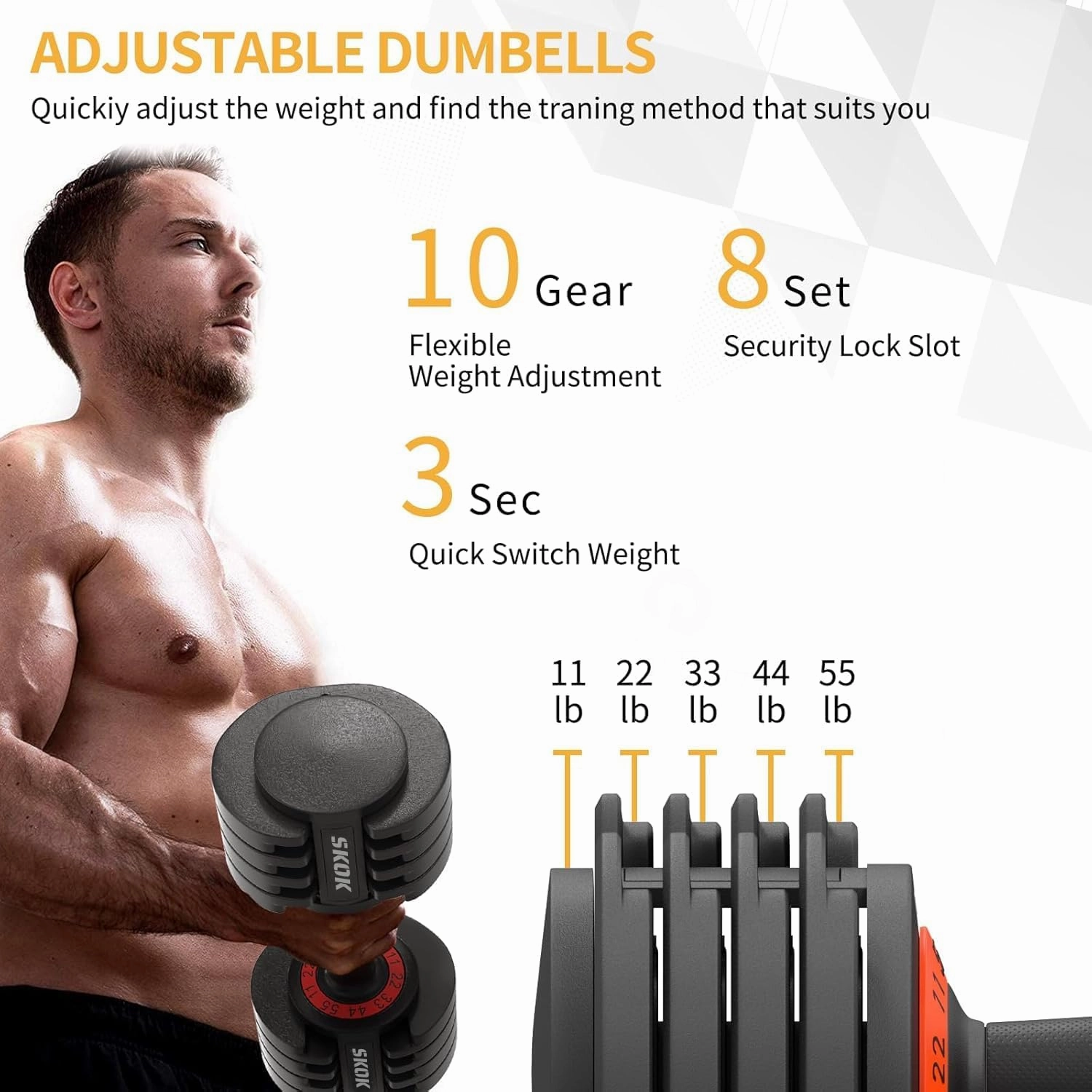 SKOK 25/55 lbs Pair or Single Adjustable Dumbbells Set, Adjustable Weights Dumbbells Set for Men and Women with Anti-Slip Fast Adjust Weight by Turning Handle,Black Dumbbell with Tray