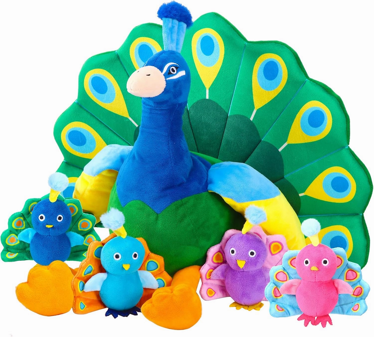 Skylety 18 Inch Peacock Stuffed Animal Large Plush Toys with 4 Little Babies Inside Mommy's Belly Stuffed Peacock Cuddly Soft Plushie Toys for Birthday Gifts Zoo Party Decor