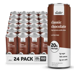 Slate Milk - High Protein Milk Shake - Classic Chocolate - Lactose Free, 20g Protein, 1g Sugar, 100 Calories, 2g Net Carbs, No Added Sugar - Natural, Breakfast Boost, Post Workout - 11 fl oz, 24 Cans
