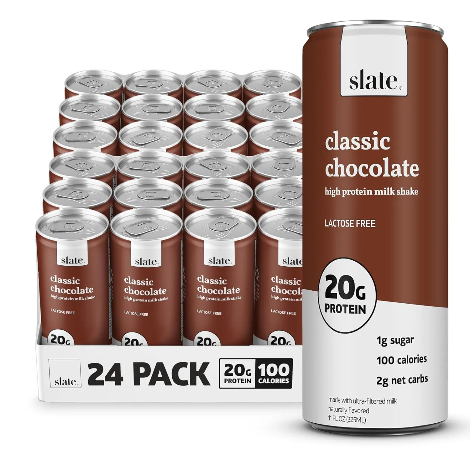 Slate Milk - High Protein Milk Shake - Classic Chocolate - Lactose Free, 20g Protein, 1g Sugar, 100 Calories, 2g Net Carbs, No Added Sugar - Natural, Breakfast Boost, Post Workout - 11 fl oz, 24 Cans