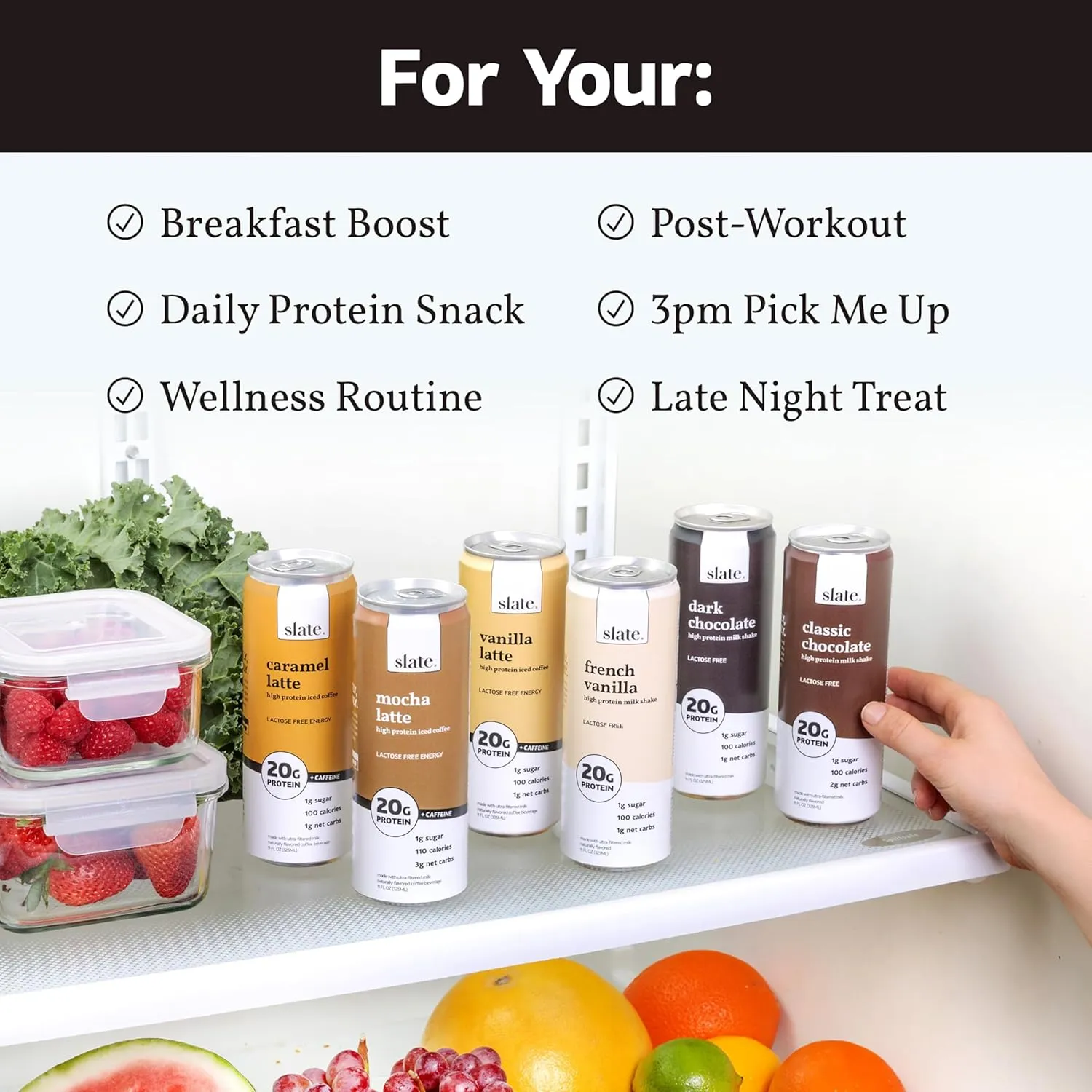 Slate Milk - High Protein Milk Shake - Classic Chocolate - Lactose Free, 20g Protein, 1g Sugar, 100 Calories, 2g Net Carbs, No Added Sugar - Natural, Breakfast Boost, Post Workout - 11 fl oz, 24 Cans
