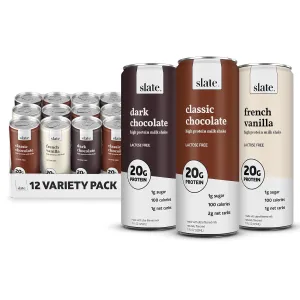 Slate Milk - High Protein Milk Shake - Core Variety Pack - Classic Chocolate, Dark Chocolate, French Vanilla - Lactose Free, 20g Protein, 1g Sugar, 100 Calories, 1-2g Net Carbs - 11 fl oz, 12 Cans