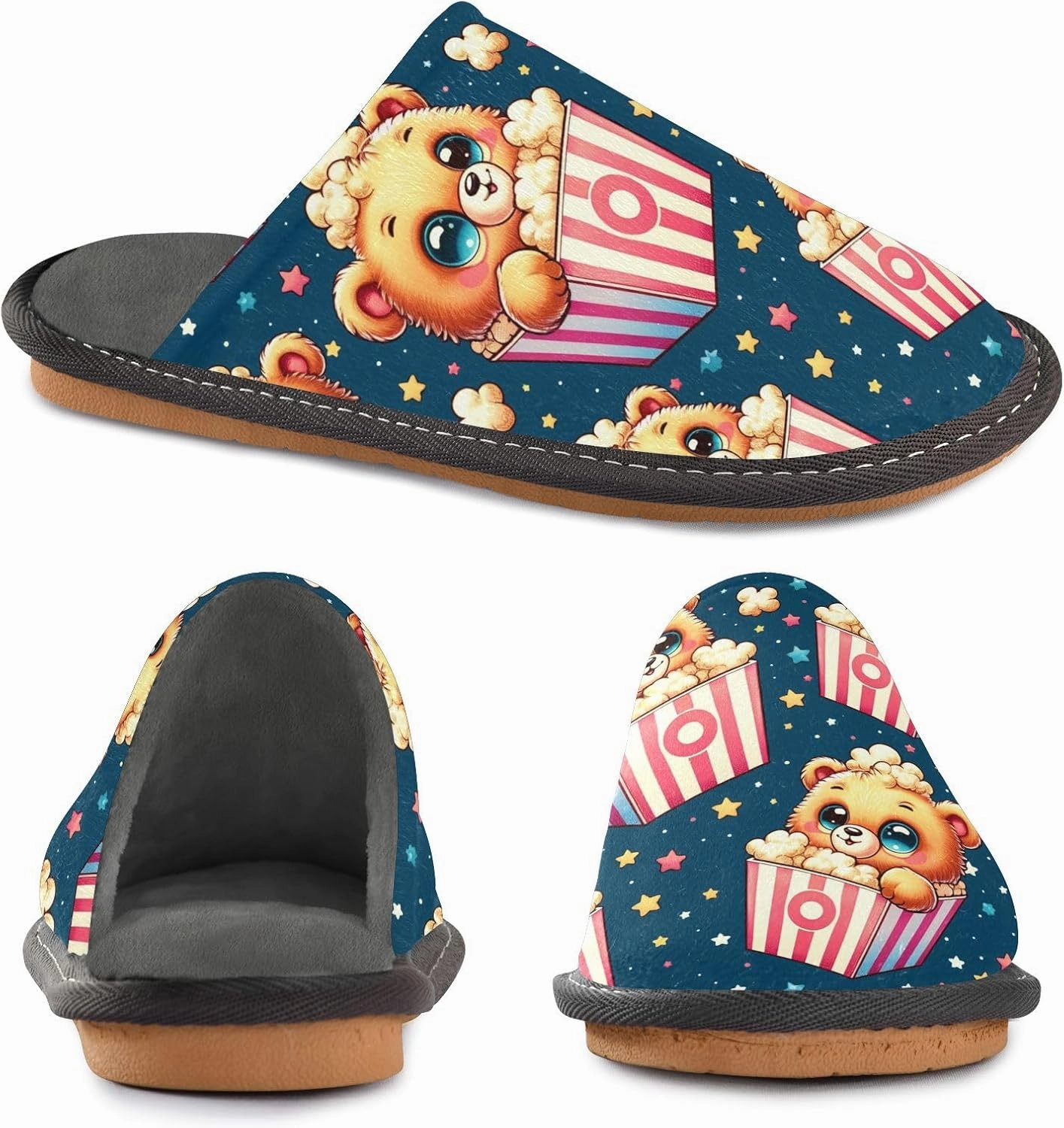 Slip-on Slippers Cute Bear Popcorn with Star Warm Cozy Slippers Lightweight Memory Foam Indoor House Shoes