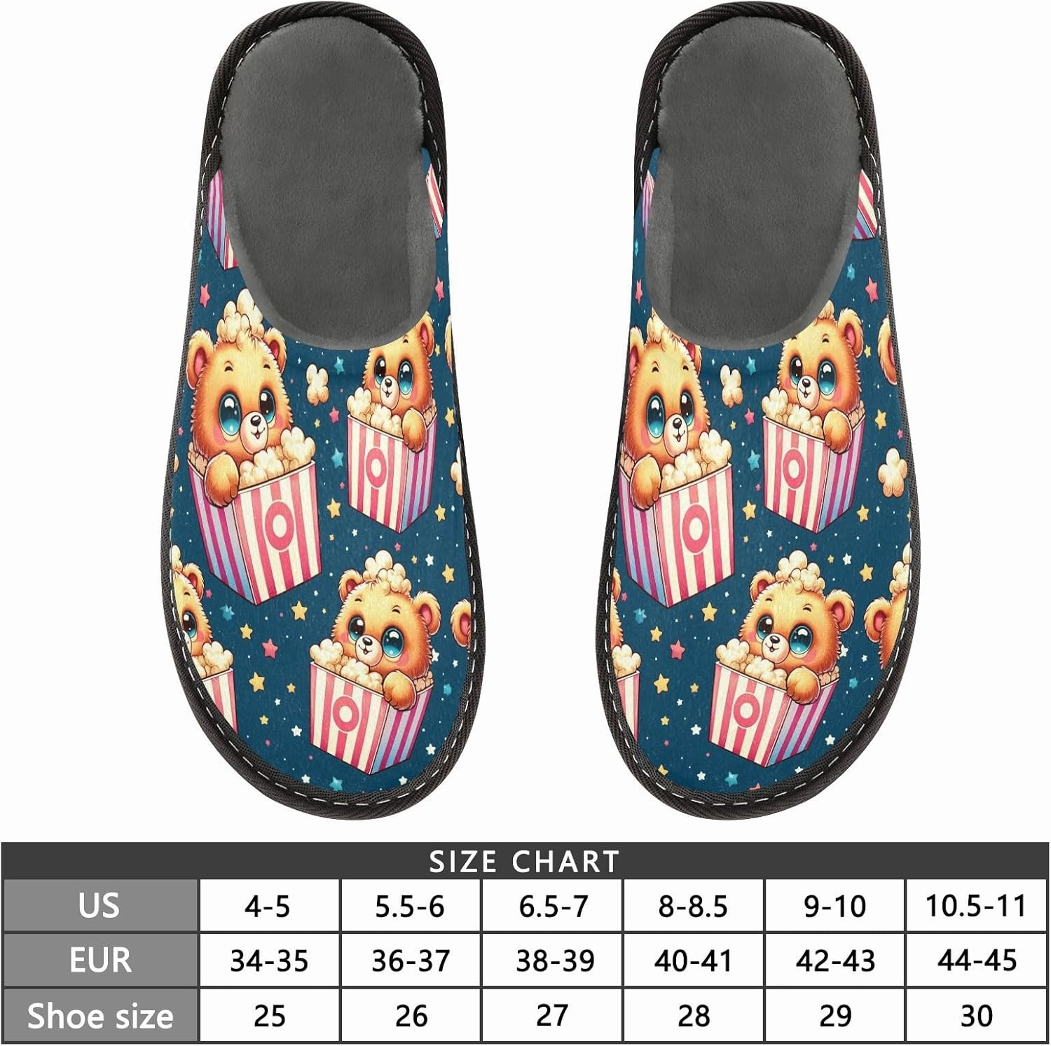 Slip-on Slippers Cute Bear Popcorn with Star Warm Cozy Slippers Lightweight Memory Foam Indoor House Shoes