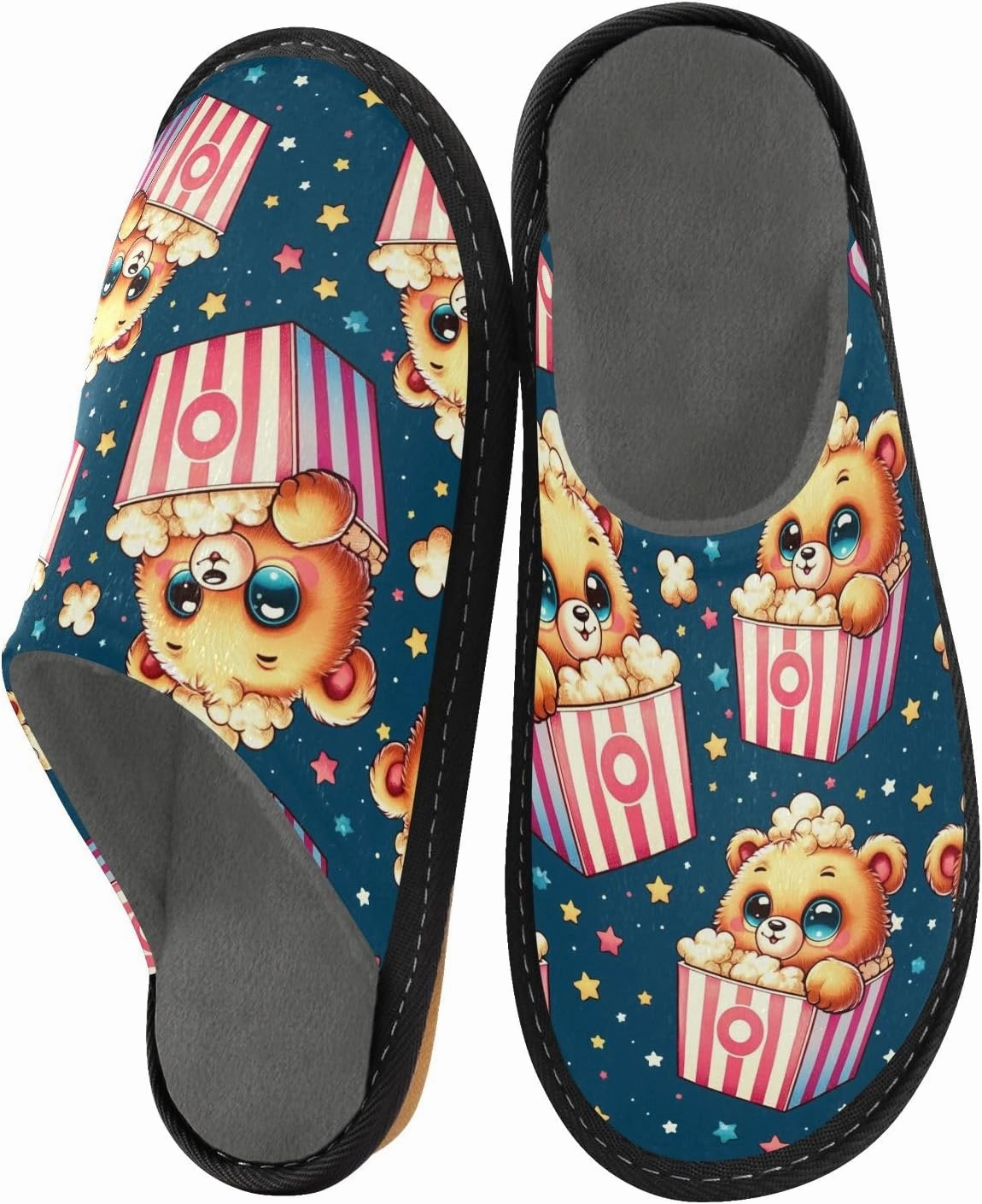 Slip-on Slippers Cute Bear Popcorn with Star Warm Cozy Slippers Lightweight Memory Foam Indoor House Shoes