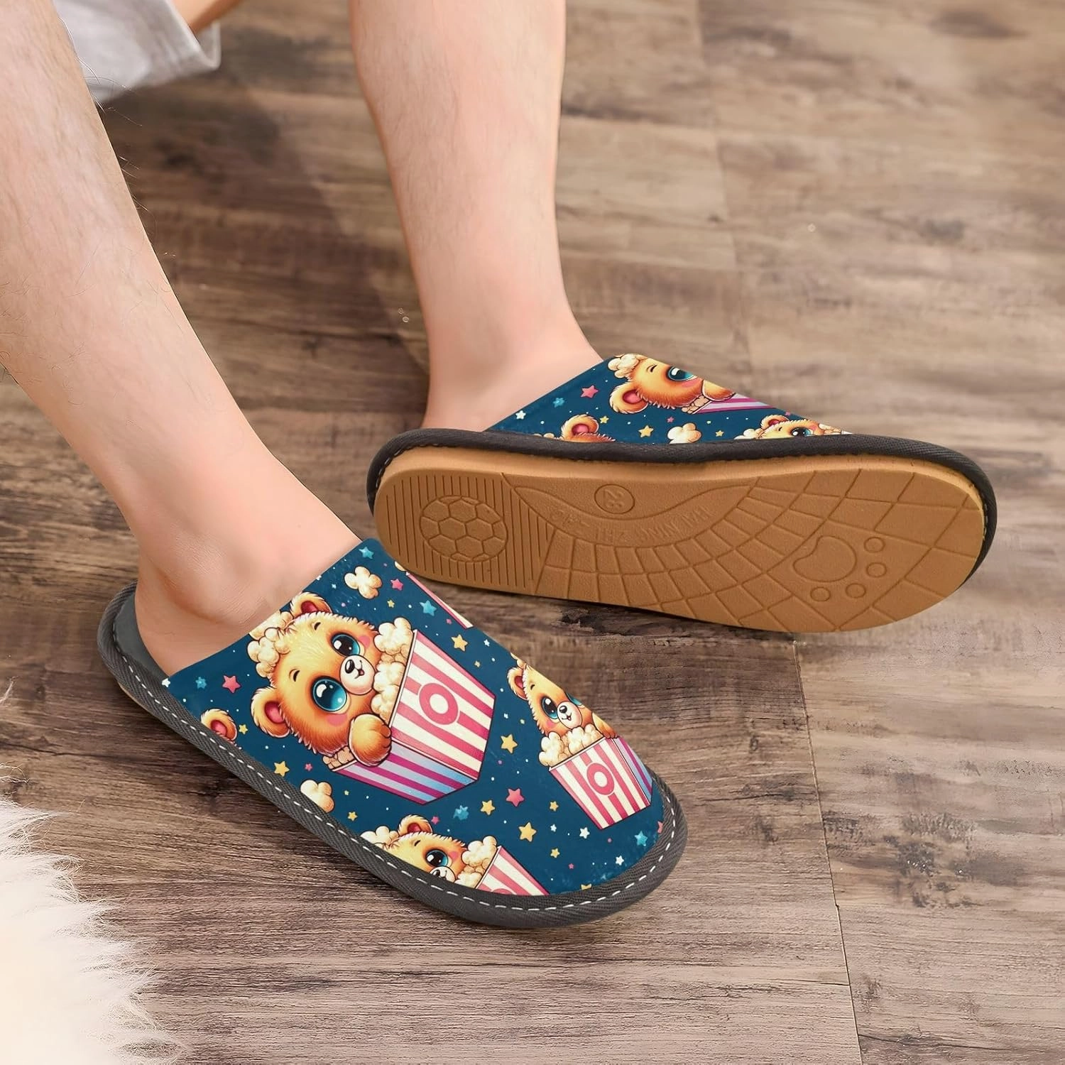 Slip-on Slippers Cute Bear Popcorn with Star Warm Cozy Slippers Lightweight Memory Foam Indoor House Shoes