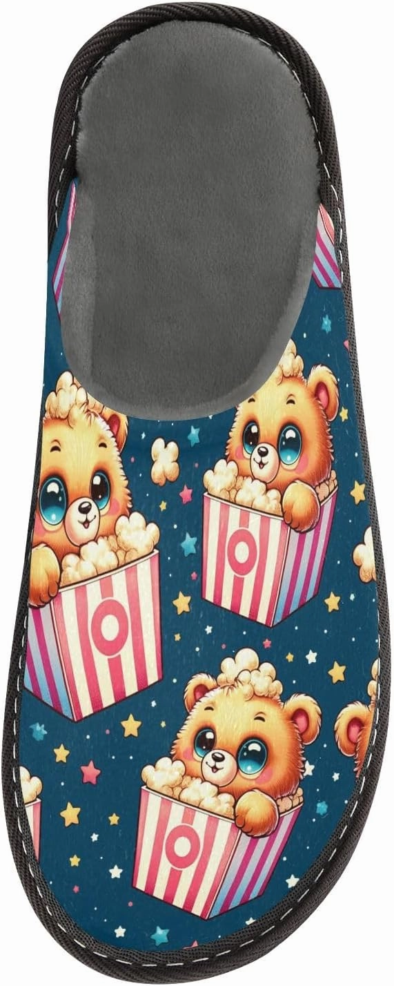 Slip-on Slippers Cute Bear Popcorn with Star Warm Cozy Slippers Lightweight Memory Foam Indoor House Shoes