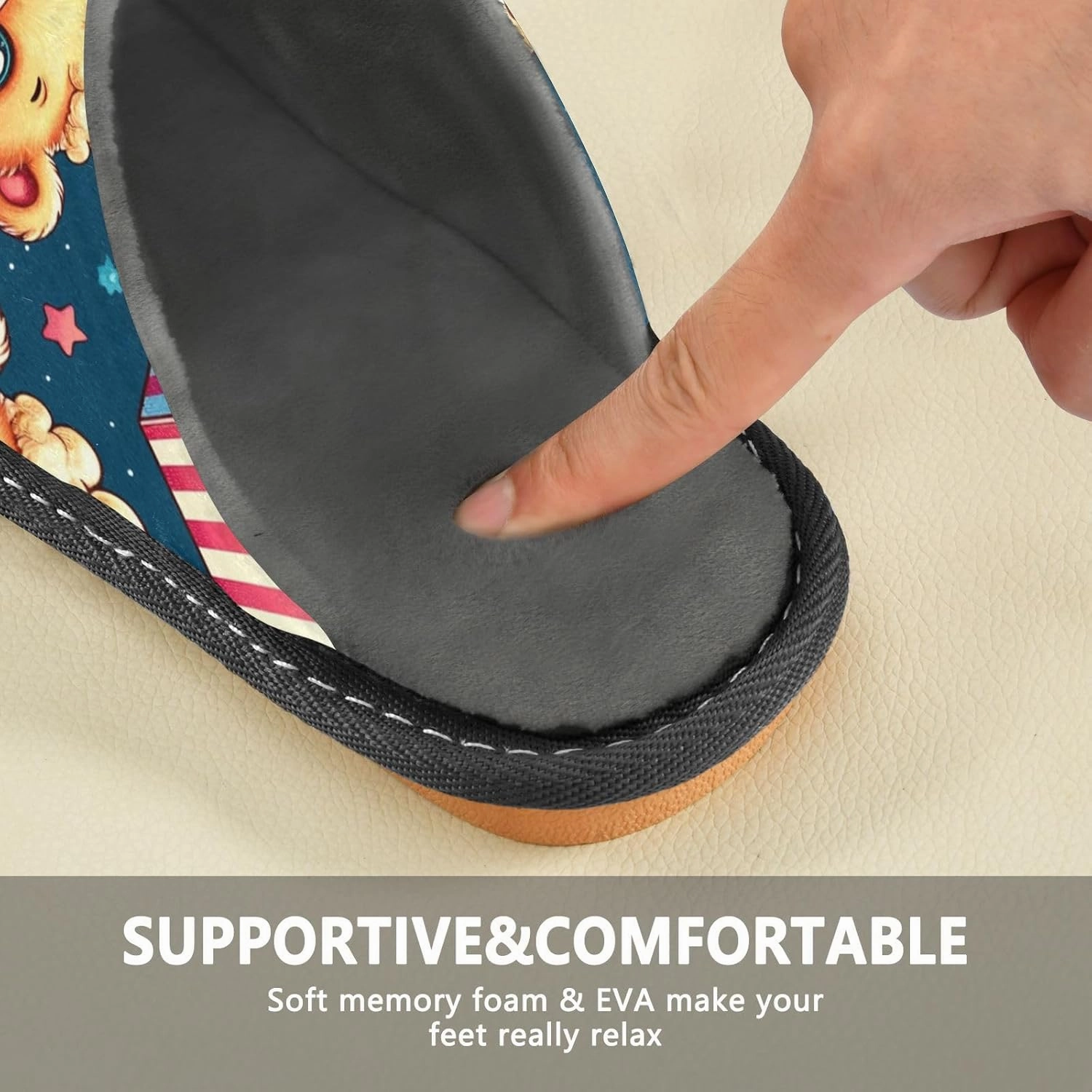 Slip-on Slippers Cute Bear Popcorn with Star Warm Cozy Slippers Lightweight Memory Foam Indoor House Shoes