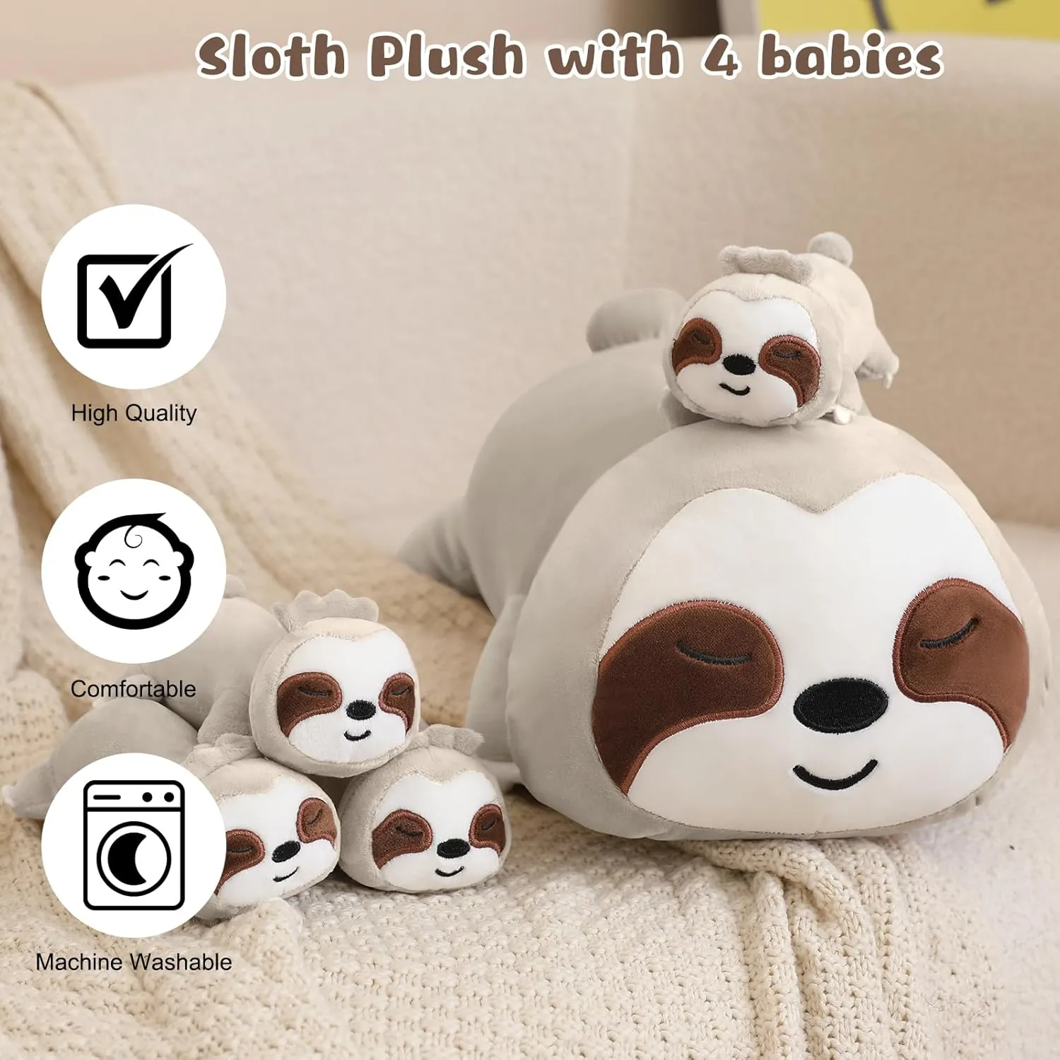Sloth Stuffed Animal Cute Sloth Plush Pillow with 4 Baby Plushies in Her Tummy, Soft Cotton Stuffed Animals Toy Gifts for Kids