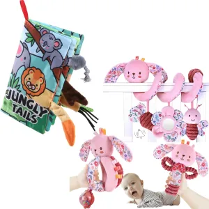 Soft Baby Books Tummy Time Cloth Toys 0-6-12 Months, Touch and Feel Sensory Book Jungly Tails and Spiral Car Seat Toys for Babies 0-6 Month Girl Boy, Stroller Hanging Toy Shower Gifts 3PCS