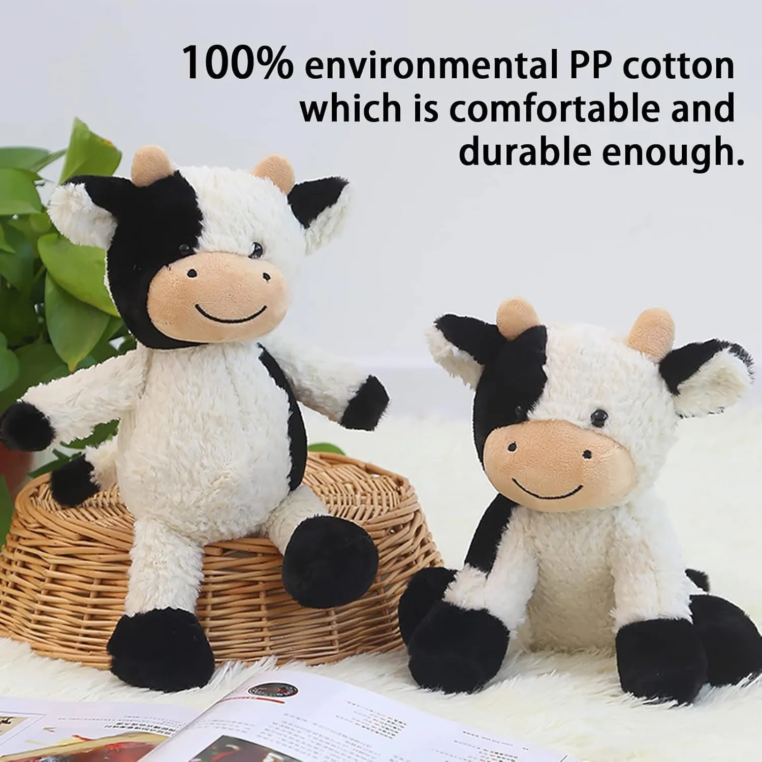 Soft Cuddly Sit Cow and Cow Keychain, Plush Animal Toy Great Gift for Kids (Black, Pink)