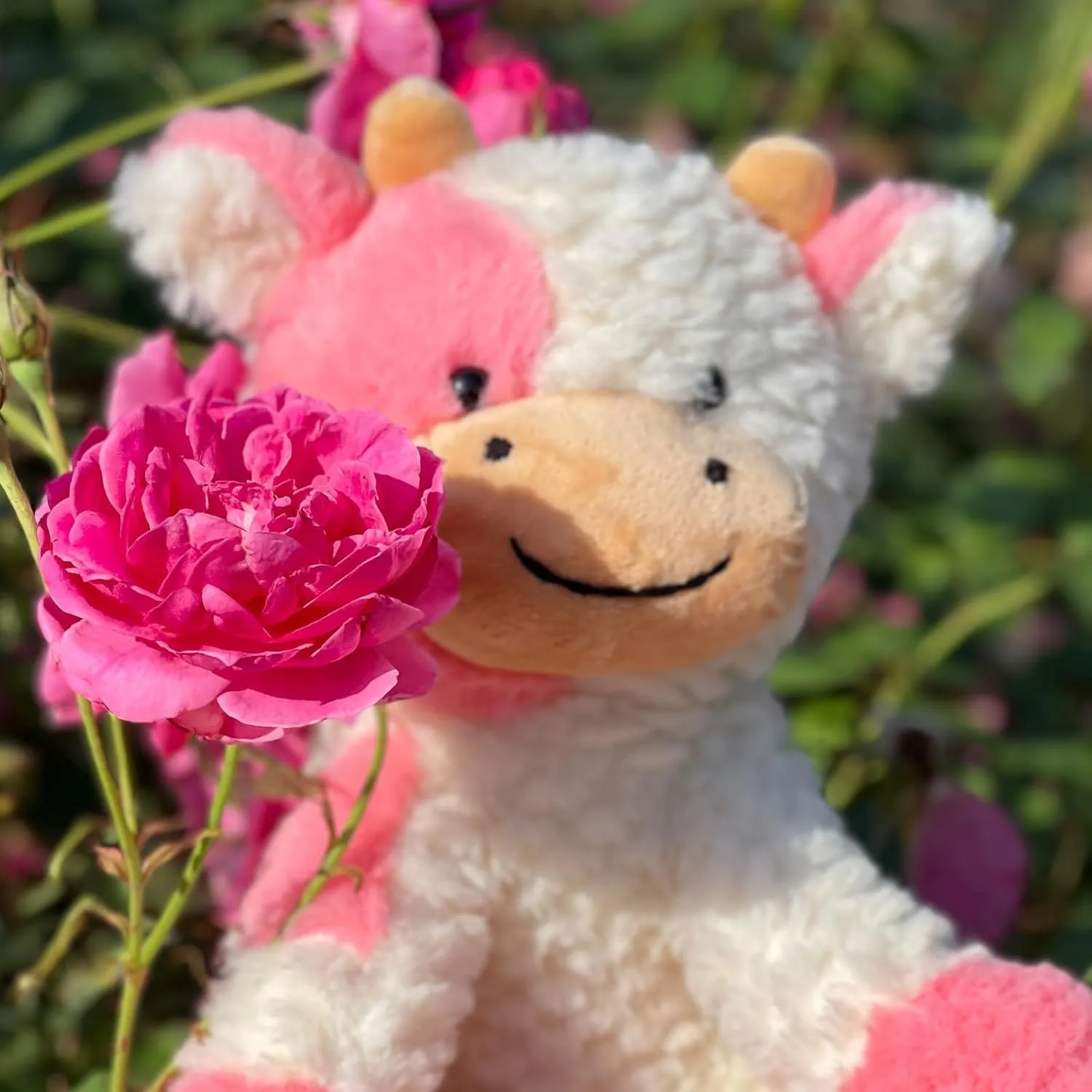 Soft Cuddly Sit Cow and Cow Keychain, Plush Animal Toy Great Gift for Kids (Black, Pink)