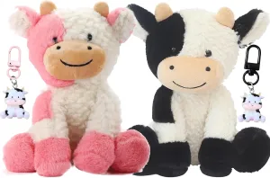 Soft Cuddly Sit Cow and Cow Keychain, Plush Animal Toy Great Gift for Kids (Black, Pink)