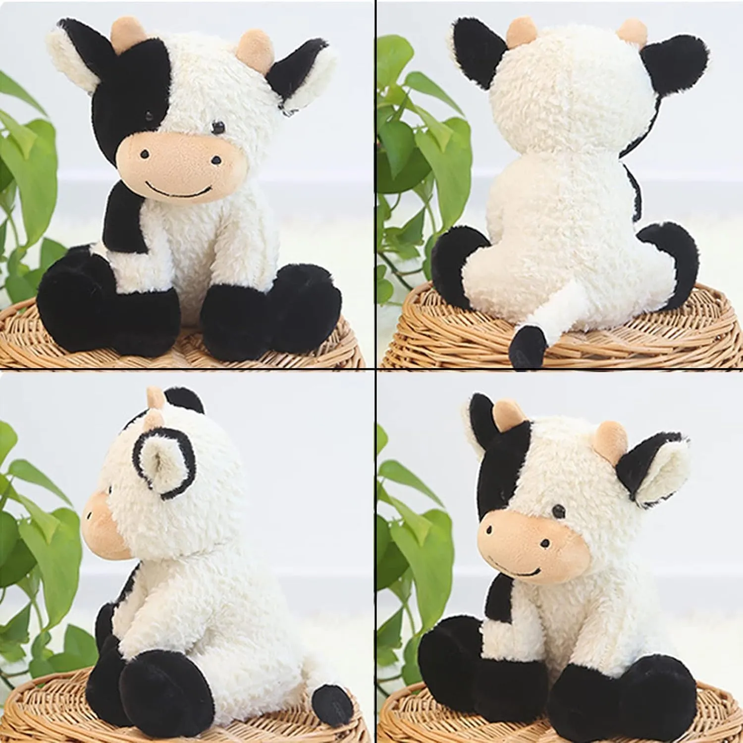 Soft Cuddly Sit Cow and Cow Keychain, Plush Animal Toy Great Gift for Kids (Black, Pink)