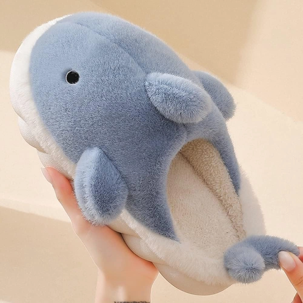 Soft Plush Whale Shark Fuzzy Slippers 1.6'' Heightening Soles for Women Men, Winter Faux Fur Cute Animal Couple Matching Home Slippers