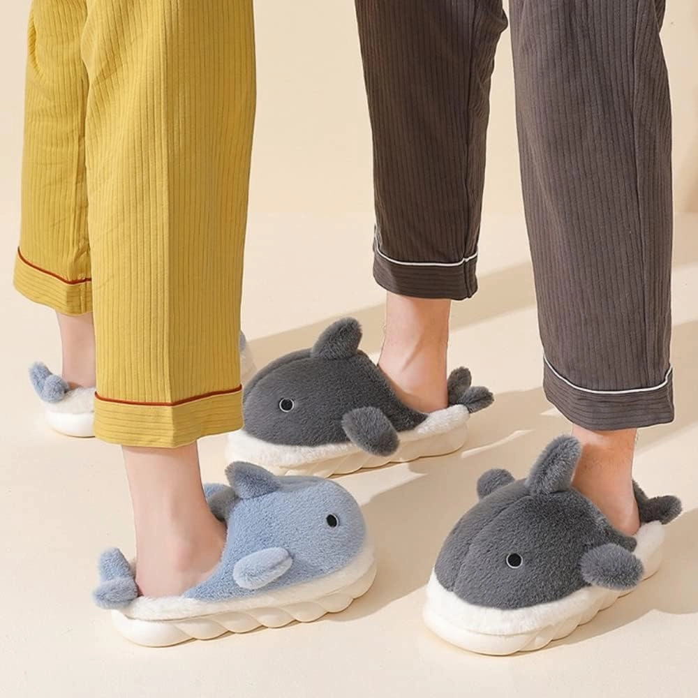 Soft Plush Whale Shark Fuzzy Slippers 1.6'' Heightening Soles for Women Men, Winter Faux Fur Cute Animal Couple Matching Home Slippers