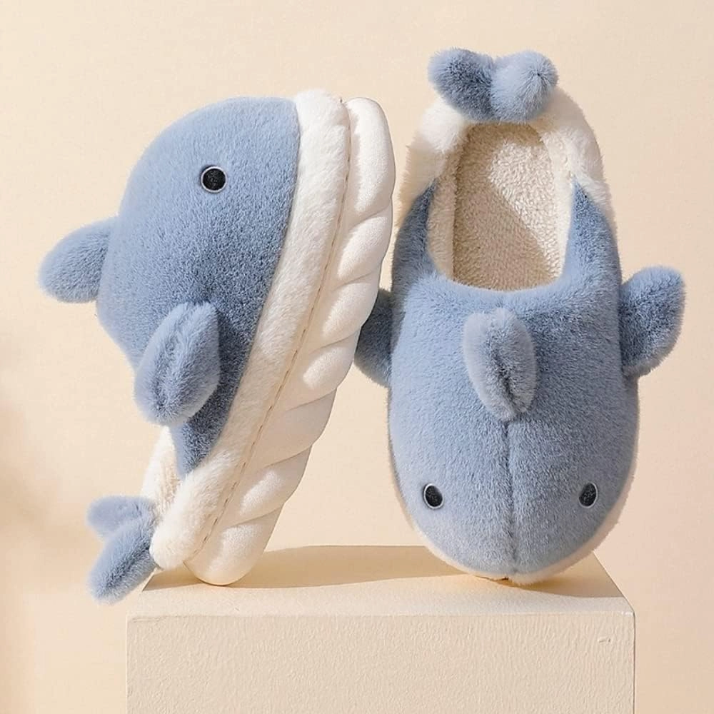 Soft Plush Whale Shark Fuzzy Slippers 1.6'' Heightening Soles for Women Men, Winter Faux Fur Cute Animal Couple Matching Home Slippers