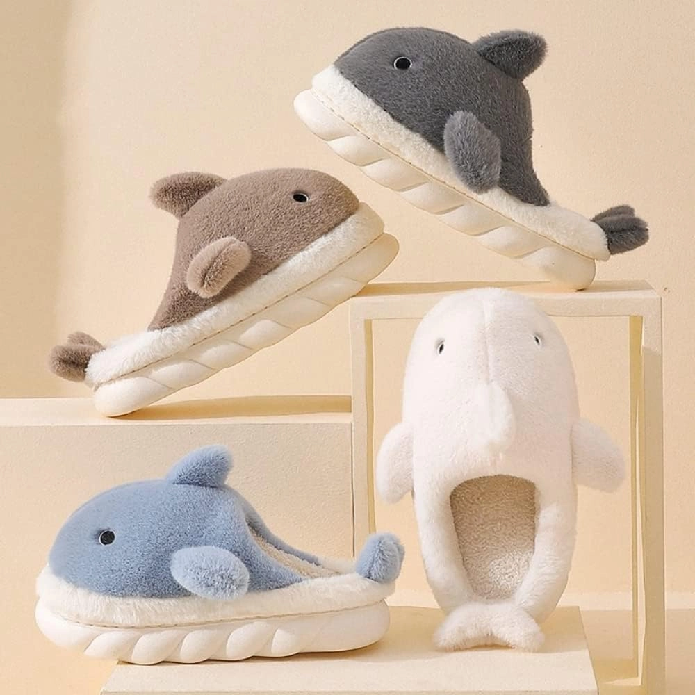 Soft Plush Whale Shark Fuzzy Slippers 1.6'' Heightening Soles for Women Men, Winter Faux Fur Cute Animal Couple Matching Home Slippers