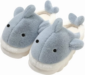 Soft Plush Whale Shark Fuzzy Slippers 1.6'' Heightening Soles for Women Men, Winter Faux Fur Cute Animal Couple Matching Home Slippers