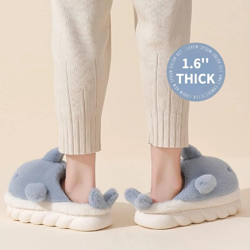 Soft Plush Whale Shark Fuzzy Slippers 1.6'' Heightening Soles for Women Men, Winter Faux Fur Cute Animal Couple Matching Home Slippers