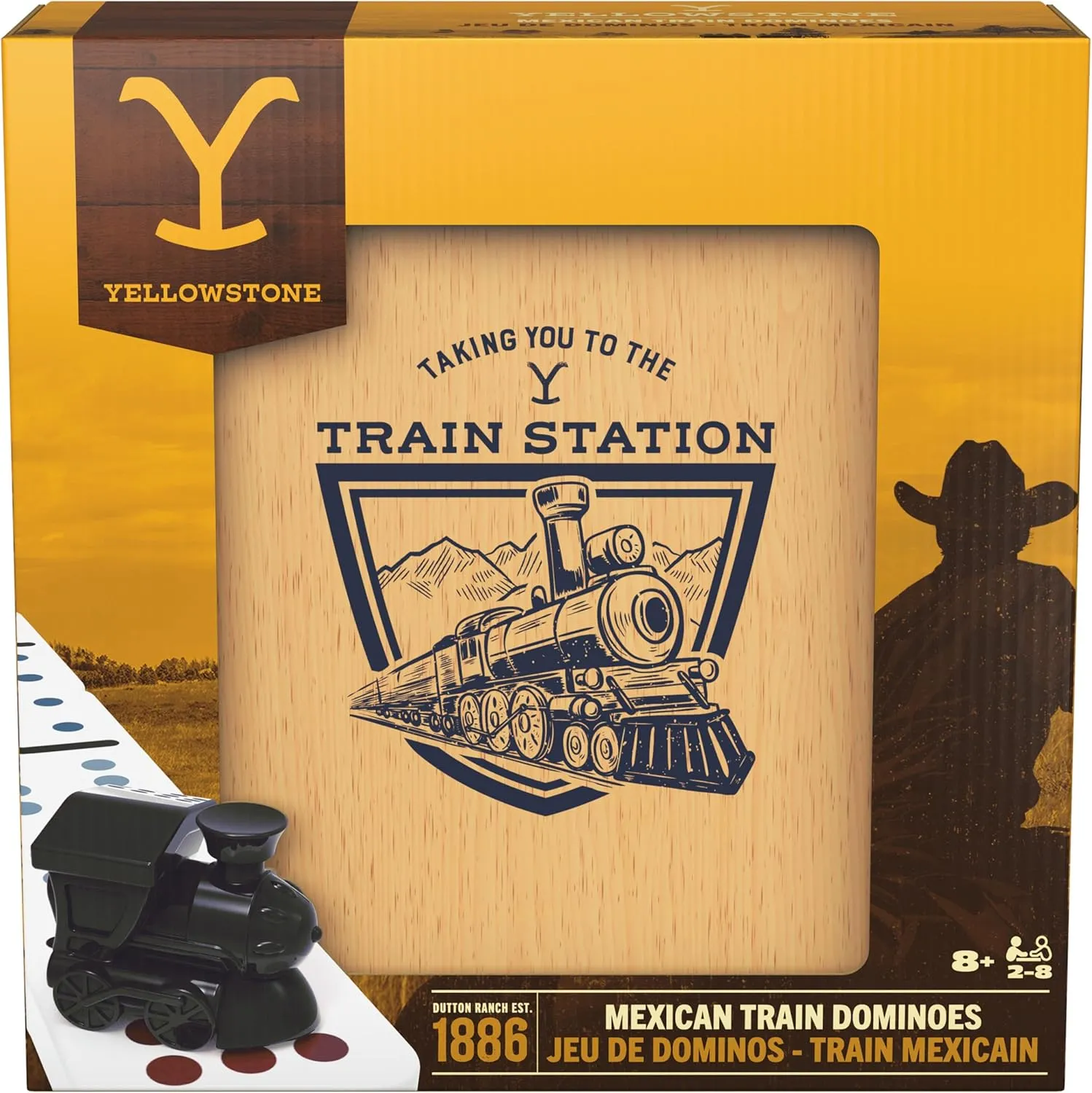 Spin Master Games, Yellowstone Mexican Train Dominoes Set, Classic Tile Board Game in Wood Case for Family Game Night, Modern Dominoes, for Adults and Kids, 2-8 Players Ages 8 & Up
