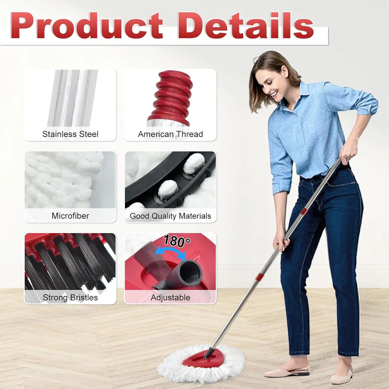 Spin Mop Head Replacement, Base, Mop Handle for Oceda EasyWring - Include 2 Microfiber Refills, 4-Section 30-59in Handle, 1 Cover and 1 Scrubber (1-Tank System)