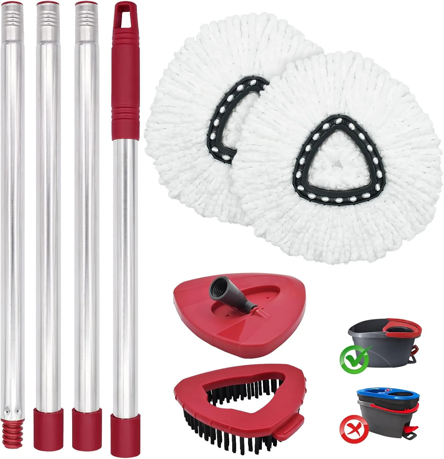 Spin Mop Head Replacement, Base, Mop Handle for Oceda EasyWring - Include 2 Microfiber Refills, 4-Section 30-59in Handle, 1 Cover and 1 Scrubber (1-Tank System)